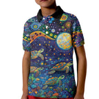 Underwater Turtles Starry Night Sky Kid Polo Shirt Aboriginal Dot Painting Full Moon Coral Landscape