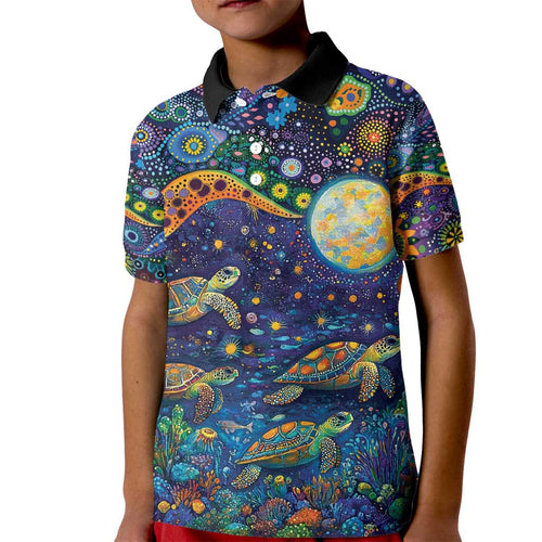 Underwater Turtles Starry Night Sky Kid Polo Shirt Aboriginal Dot Painting Full Moon Coral Landscape