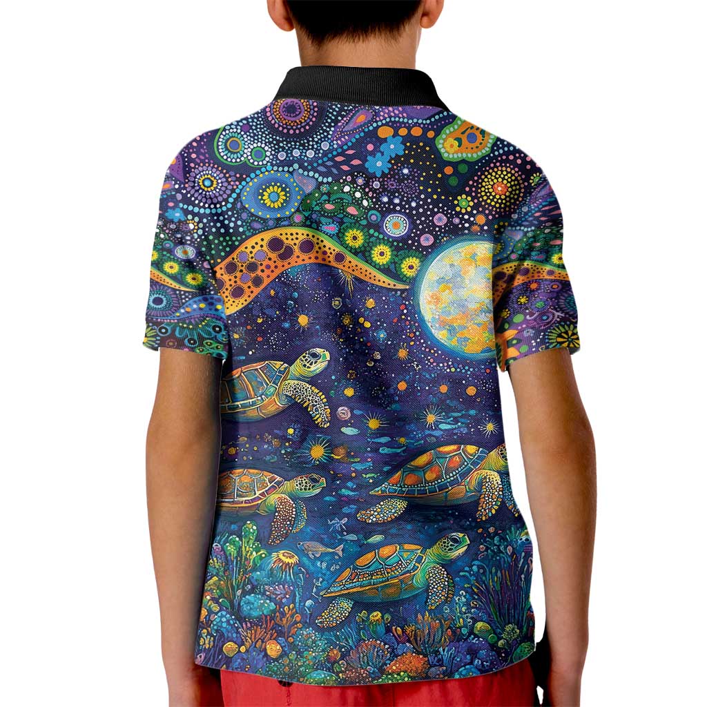 Underwater Turtles Starry Night Sky Kid Polo Shirt Aboriginal Dot Painting Full Moon Coral Landscape