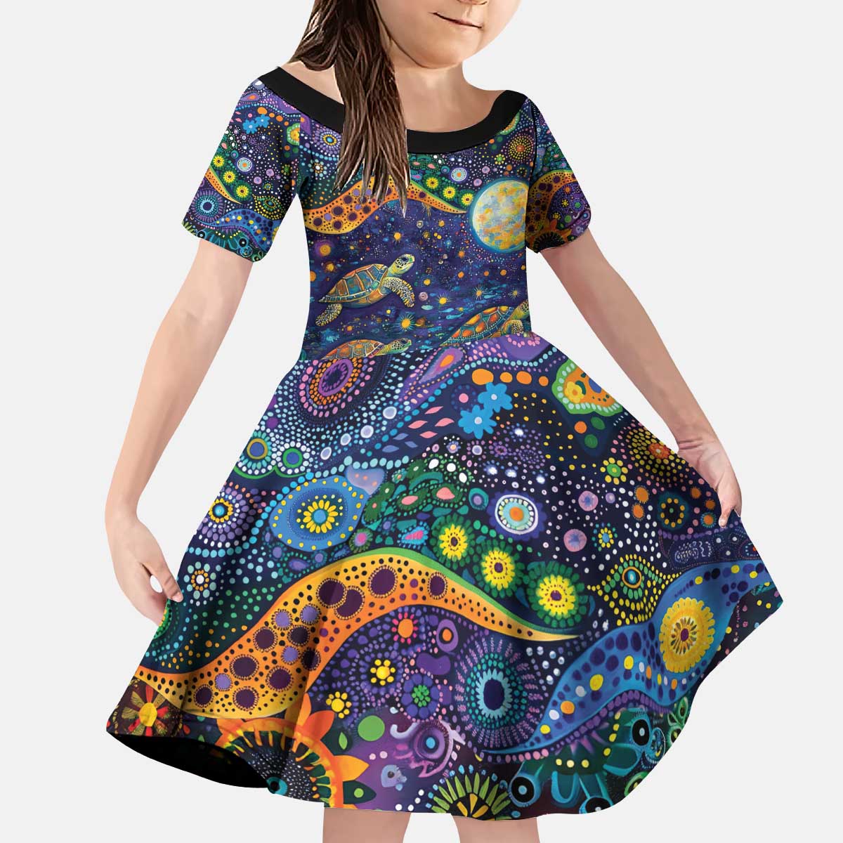 Underwater Turtles Starry Night Sky Kid Short Sleeve Dress Aboriginal Dot Painting Full Moon Coral Landscape