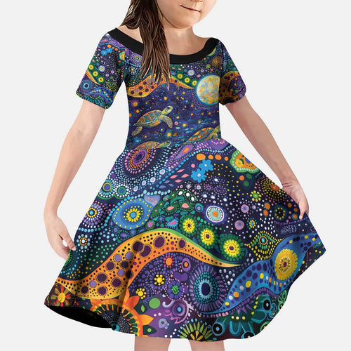Underwater Turtles Starry Night Sky Kid Short Sleeve Dress Aboriginal Dot Painting Full Moon Coral Landscape
