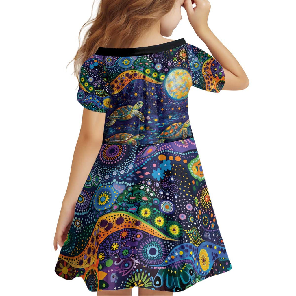 Underwater Turtles Starry Night Sky Kid Short Sleeve Dress Aboriginal Dot Painting Full Moon Coral Landscape