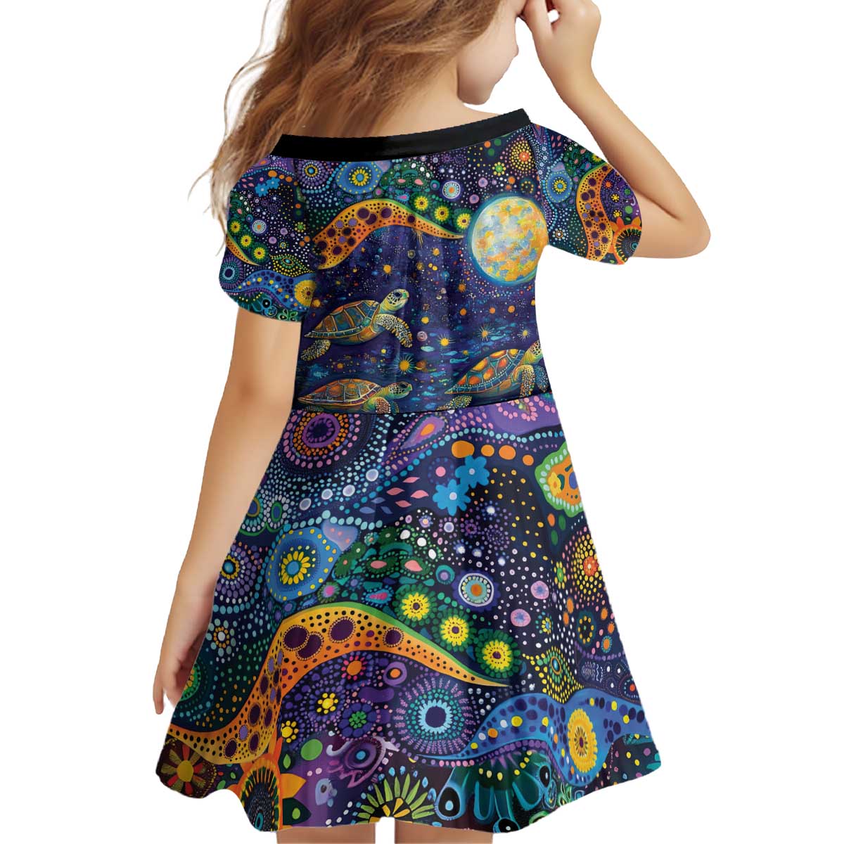 Underwater Turtles Starry Night Sky Kid Short Sleeve Dress Aboriginal Dot Painting Full Moon Coral Landscape