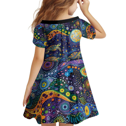 Underwater Turtles Starry Night Sky Kid Short Sleeve Dress Aboriginal Dot Painting Full Moon Coral Landscape
