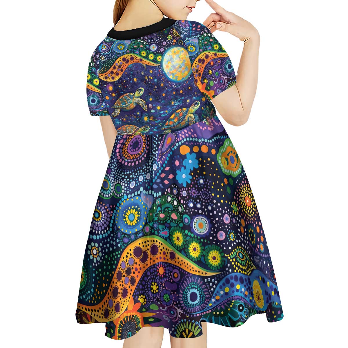 Underwater Turtles Starry Night Sky Kid Short Sleeve Dress Aboriginal Dot Painting Full Moon Coral Landscape