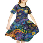 Underwater Turtles Starry Night Sky Kid Short Sleeve Dress Aboriginal Dot Painting Full Moon Coral Landscape