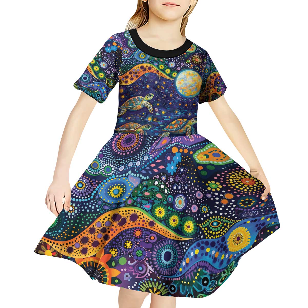 Underwater Turtles Starry Night Sky Kid Short Sleeve Dress Aboriginal Dot Painting Full Moon Coral Landscape
