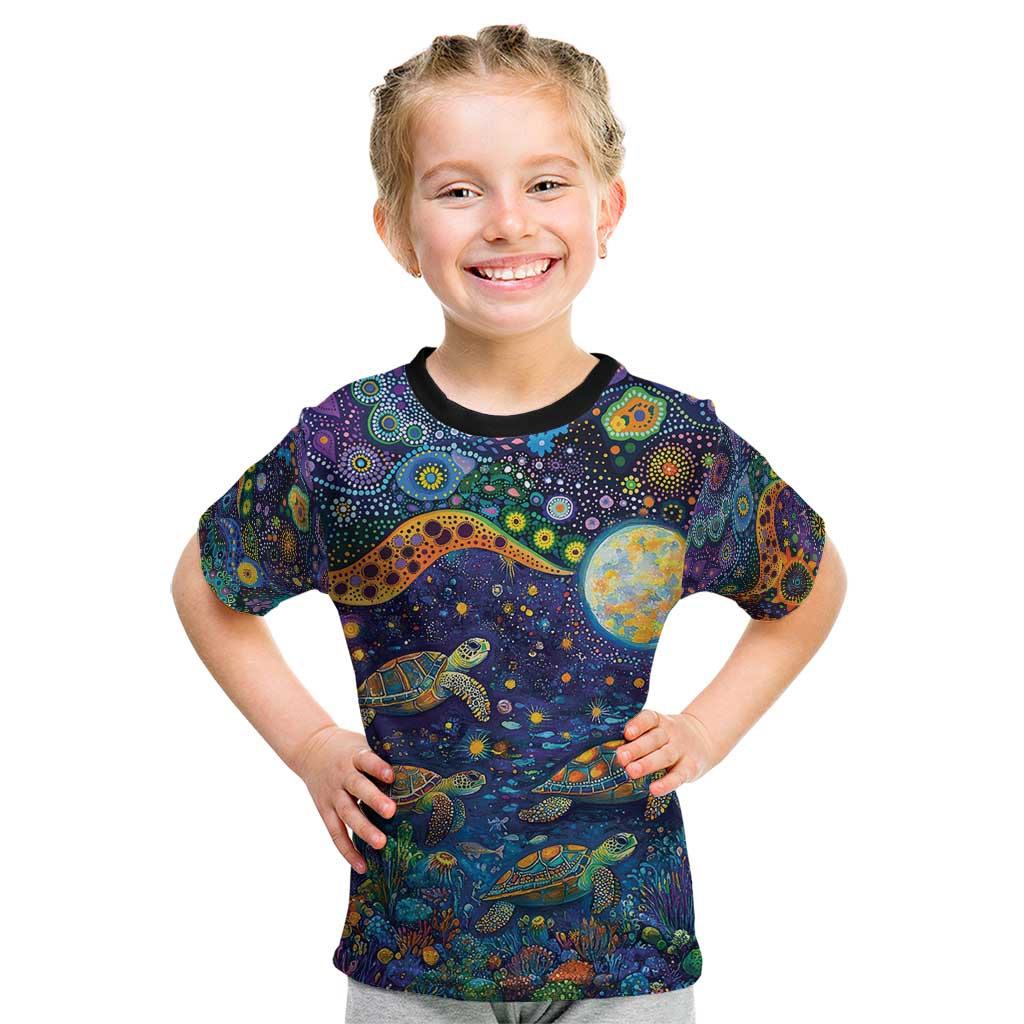 Underwater Turtles Starry Night Sky Kid T Shirt Aboriginal Dot Painting Full Moon Coral Landscape