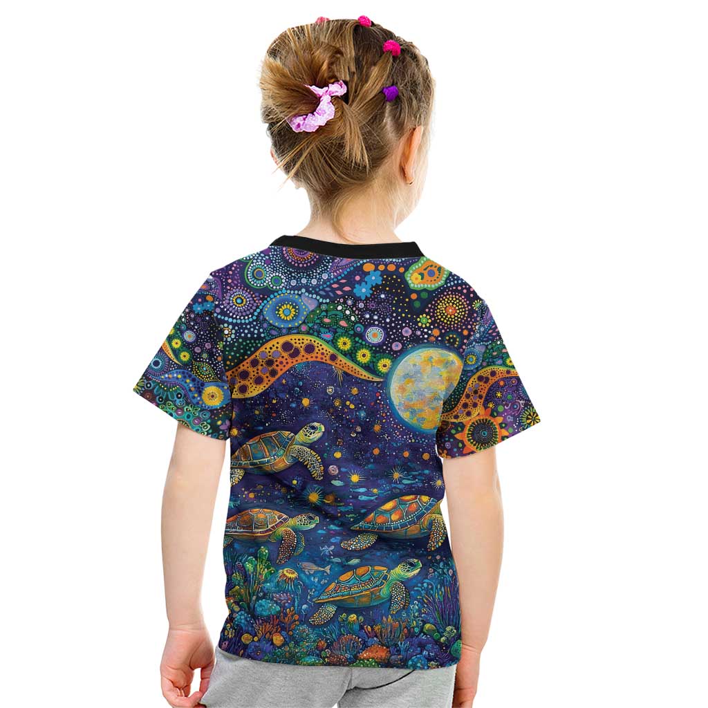 Underwater Turtles Starry Night Sky Kid T Shirt Aboriginal Dot Painting Full Moon Coral Landscape
