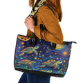 Underwater Turtles Starry Night Sky Leather Tote Bag Aboriginal Dot Painting Full Moon Coral Landscape