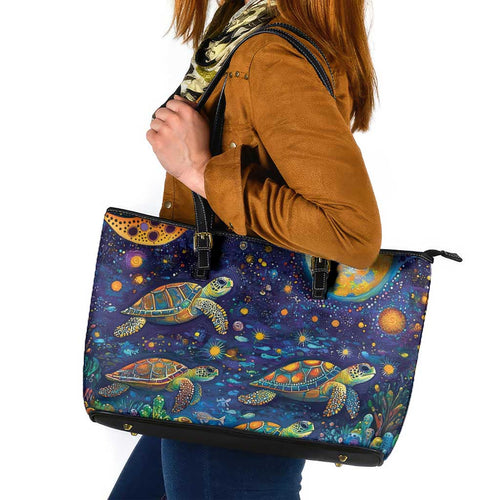 Underwater Turtles Starry Night Sky Leather Tote Bag Aboriginal Dot Painting Full Moon Coral Landscape