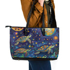 Underwater Turtles Starry Night Sky Leather Tote Bag Aboriginal Dot Painting Full Moon Coral Landscape