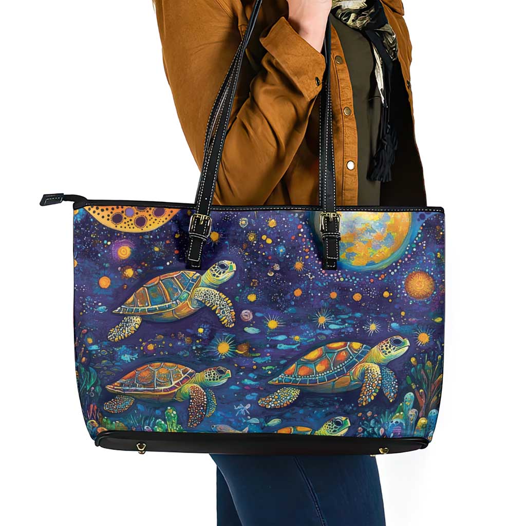 Underwater Turtles Starry Night Sky Leather Tote Bag Aboriginal Dot Painting Full Moon Coral Landscape