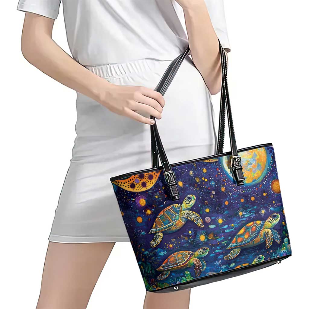 Underwater Turtles Starry Night Sky Leather Tote Bag Aboriginal Dot Painting Full Moon Coral Landscape