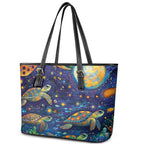Underwater Turtles Starry Night Sky Leather Tote Bag Aboriginal Dot Painting Full Moon Coral Landscape