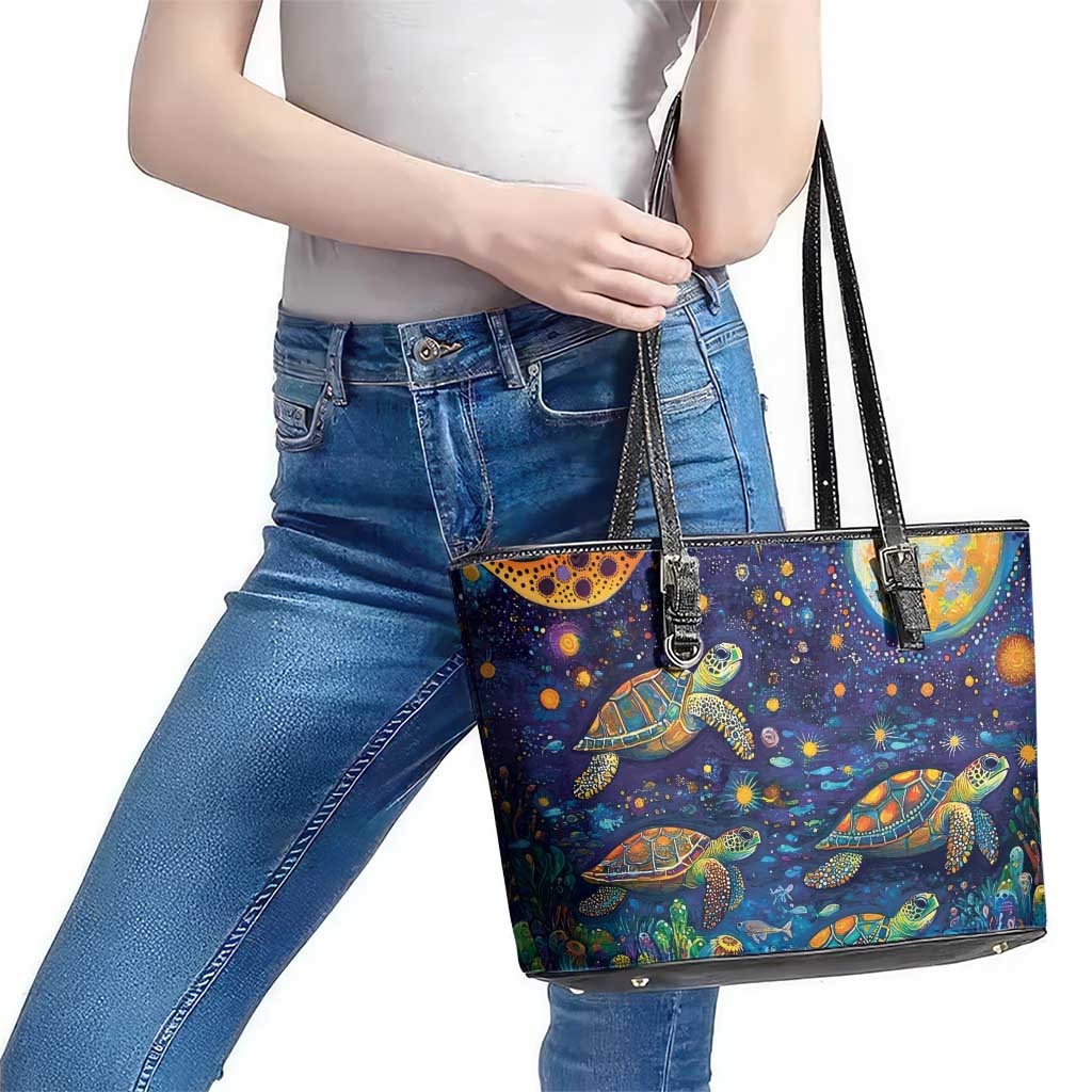 Underwater Turtles Starry Night Sky Leather Tote Bag Aboriginal Dot Painting Full Moon Coral Landscape