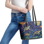 Underwater Turtles Starry Night Sky Leather Tote Bag Aboriginal Dot Painting Full Moon Coral Landscape