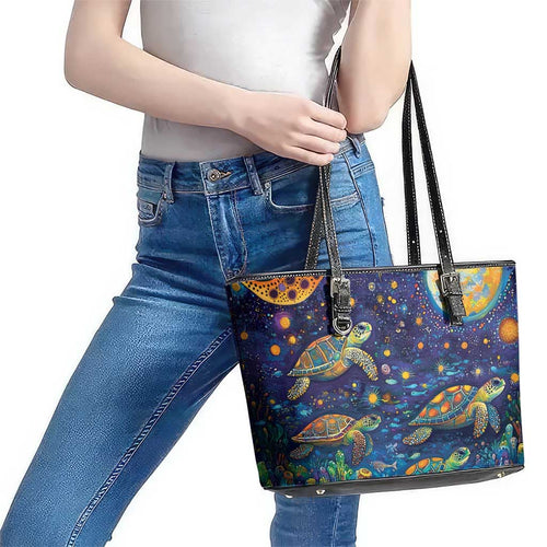 Underwater Turtles Starry Night Sky Leather Tote Bag Aboriginal Dot Painting Full Moon Coral Landscape
