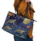 Underwater Turtles Starry Night Sky Leather Tote Bag Aboriginal Dot Painting Full Moon Coral Landscape