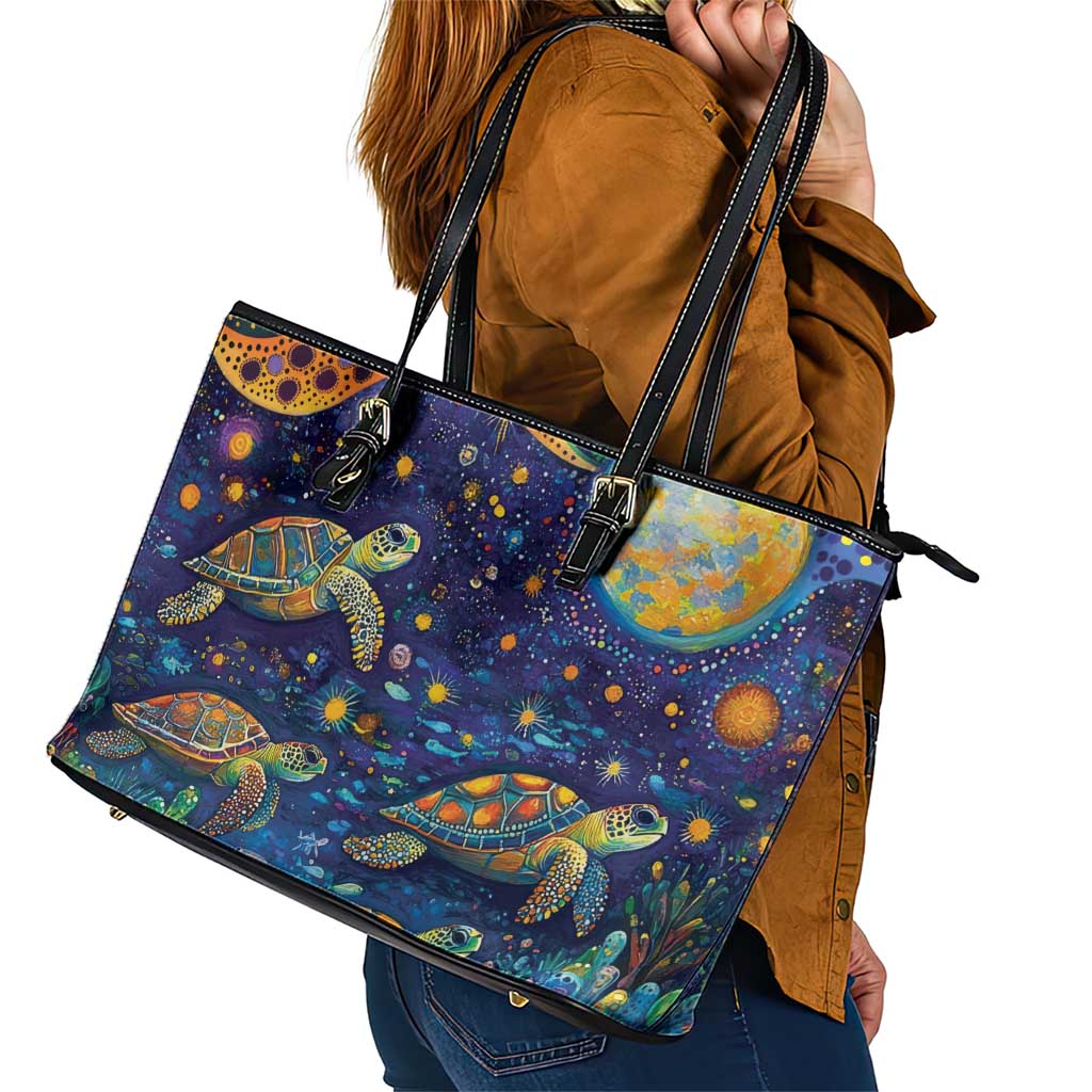 Underwater Turtles Starry Night Sky Leather Tote Bag Aboriginal Dot Painting Full Moon Coral Landscape