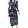 Underwater Turtles Starry Night Sky Long Sleeve Bodycon Dress Aboriginal Dot Painting Full Moon Coral Landscape