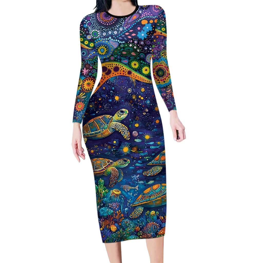 Underwater Turtles Starry Night Sky Long Sleeve Bodycon Dress Aboriginal Dot Painting Full Moon Coral Landscape