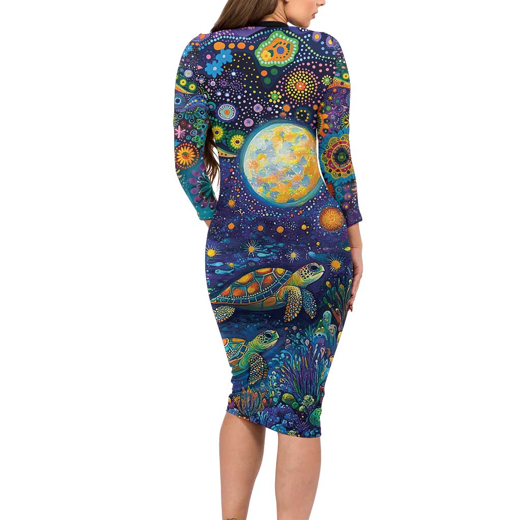 Underwater Turtles Starry Night Sky Long Sleeve Bodycon Dress Aboriginal Dot Painting Full Moon Coral Landscape
