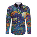 Underwater Turtles Starry Night Sky Long Sleeve Button Shirt Aboriginal Dot Painting Full Moon Coral Landscape