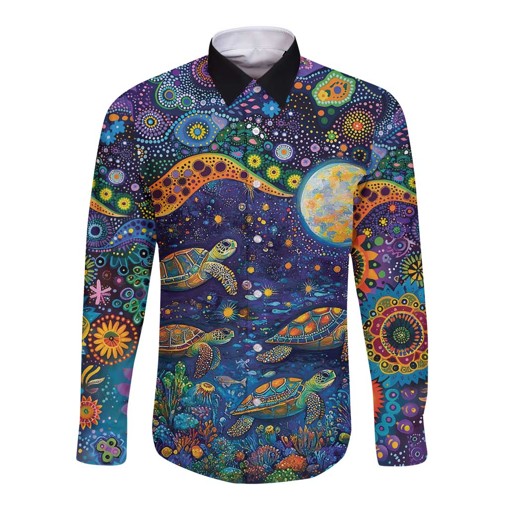 Underwater Turtles Starry Night Sky Long Sleeve Button Shirt Aboriginal Dot Painting Full Moon Coral Landscape
