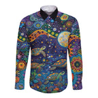 Underwater Turtles Starry Night Sky Long Sleeve Button Shirt Aboriginal Dot Painting Full Moon Coral Landscape