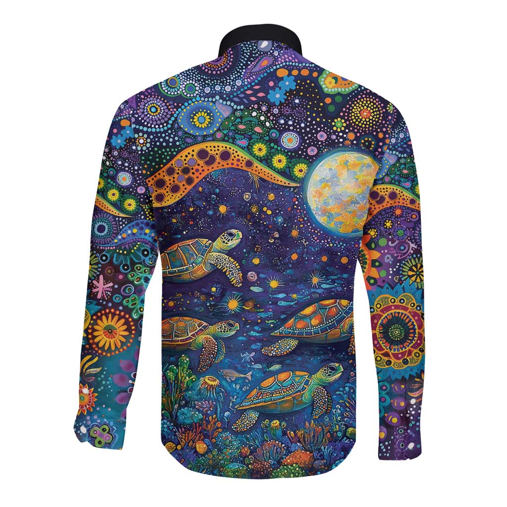 Underwater Turtles Starry Night Sky Long Sleeve Button Shirt Aboriginal Dot Painting Full Moon Coral Landscape