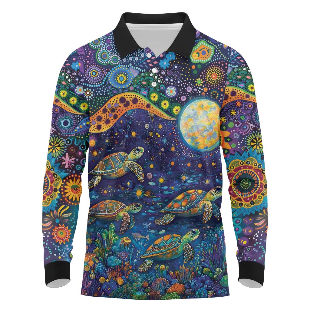 Underwater Turtles Starry Night Sky Long Sleeve Polo Shirt Aboriginal Dot Painting Full Moon Coral Landscape