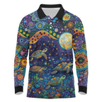 Underwater Turtles Starry Night Sky Long Sleeve Polo Shirt Aboriginal Dot Painting Full Moon Coral Landscape