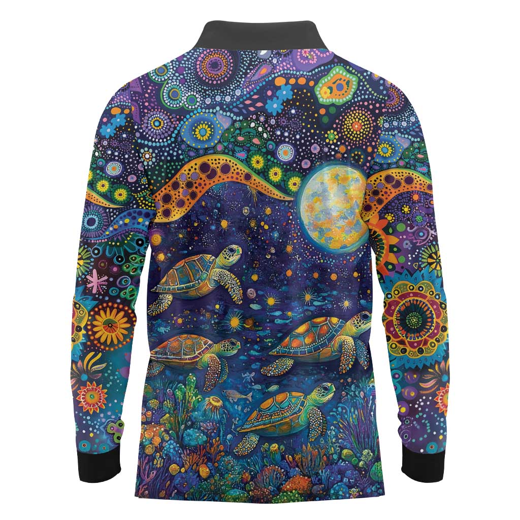 Underwater Turtles Starry Night Sky Long Sleeve Polo Shirt Aboriginal Dot Painting Full Moon Coral Landscape