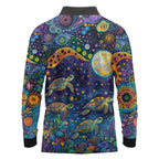 Underwater Turtles Starry Night Sky Long Sleeve Polo Shirt Aboriginal Dot Painting Full Moon Coral Landscape