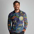 Underwater Turtles Starry Night Sky Long Sleeve Polo Shirt Aboriginal Dot Painting Full Moon Coral Landscape