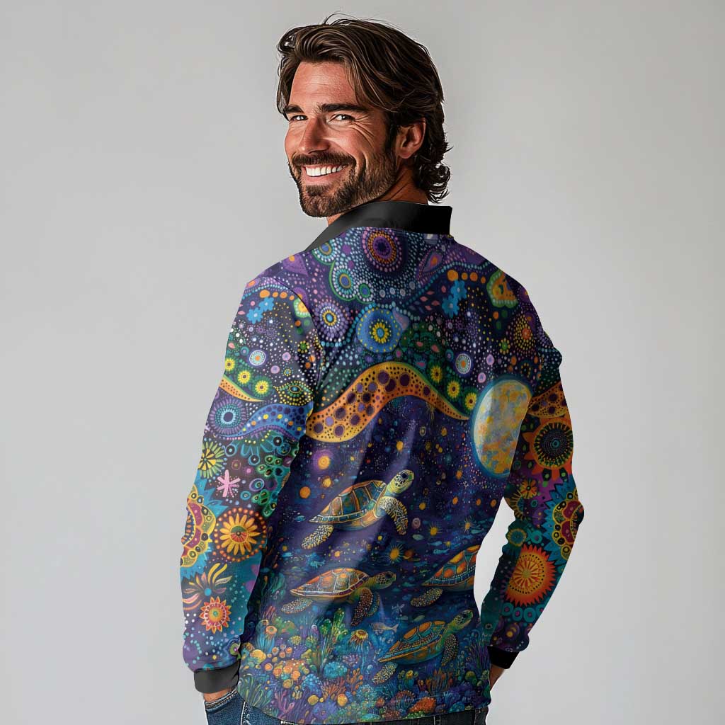 Underwater Turtles Starry Night Sky Long Sleeve Polo Shirt Aboriginal Dot Painting Full Moon Coral Landscape