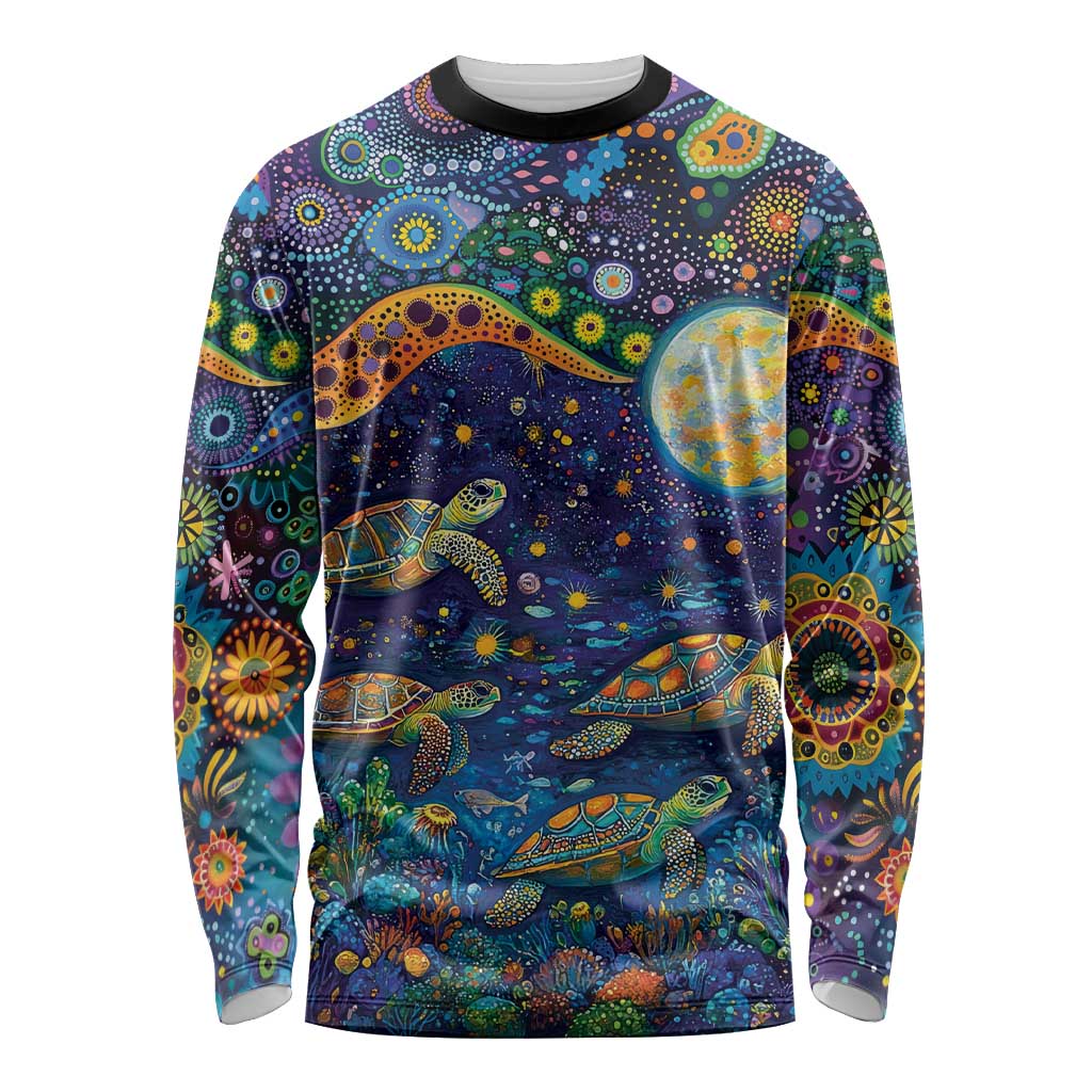 Underwater Turtles Starry Night Sky Long Sleeve Shirt Aboriginal Dot Painting Full Moon Coral Landscape