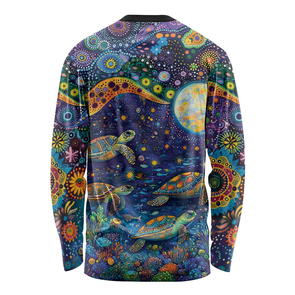 Underwater Turtles Starry Night Sky Long Sleeve Shirt Aboriginal Dot Painting Full Moon Coral Landscape