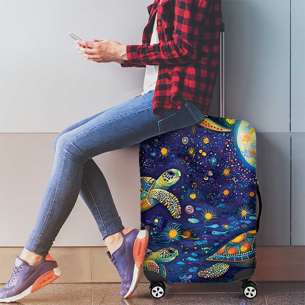 Underwater Turtles Starry Night Sky Luggage Cover Aboriginal Dot Painting Full Moon Coral Landscape