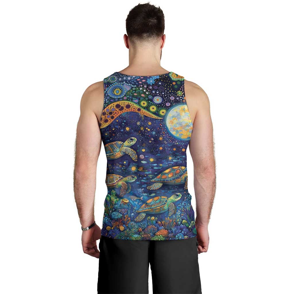 Underwater Turtles Starry Night Sky Men Tank Top Aboriginal Dot Painting Full Moon Coral Landscape