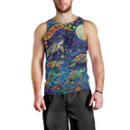 Underwater Turtles Starry Night Sky Men Tank Top Aboriginal Dot Painting Full Moon Coral Landscape