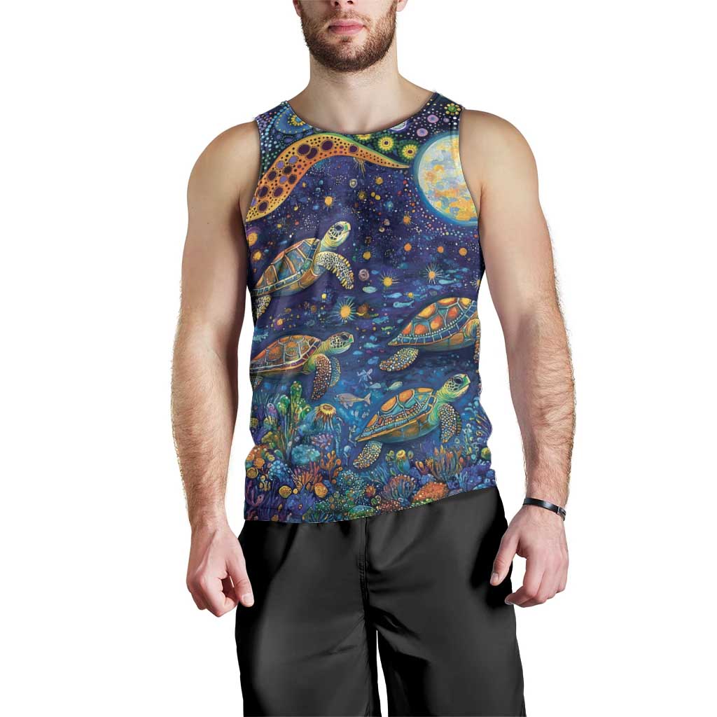 Underwater Turtles Starry Night Sky Men Tank Top Aboriginal Dot Painting Full Moon Coral Landscape