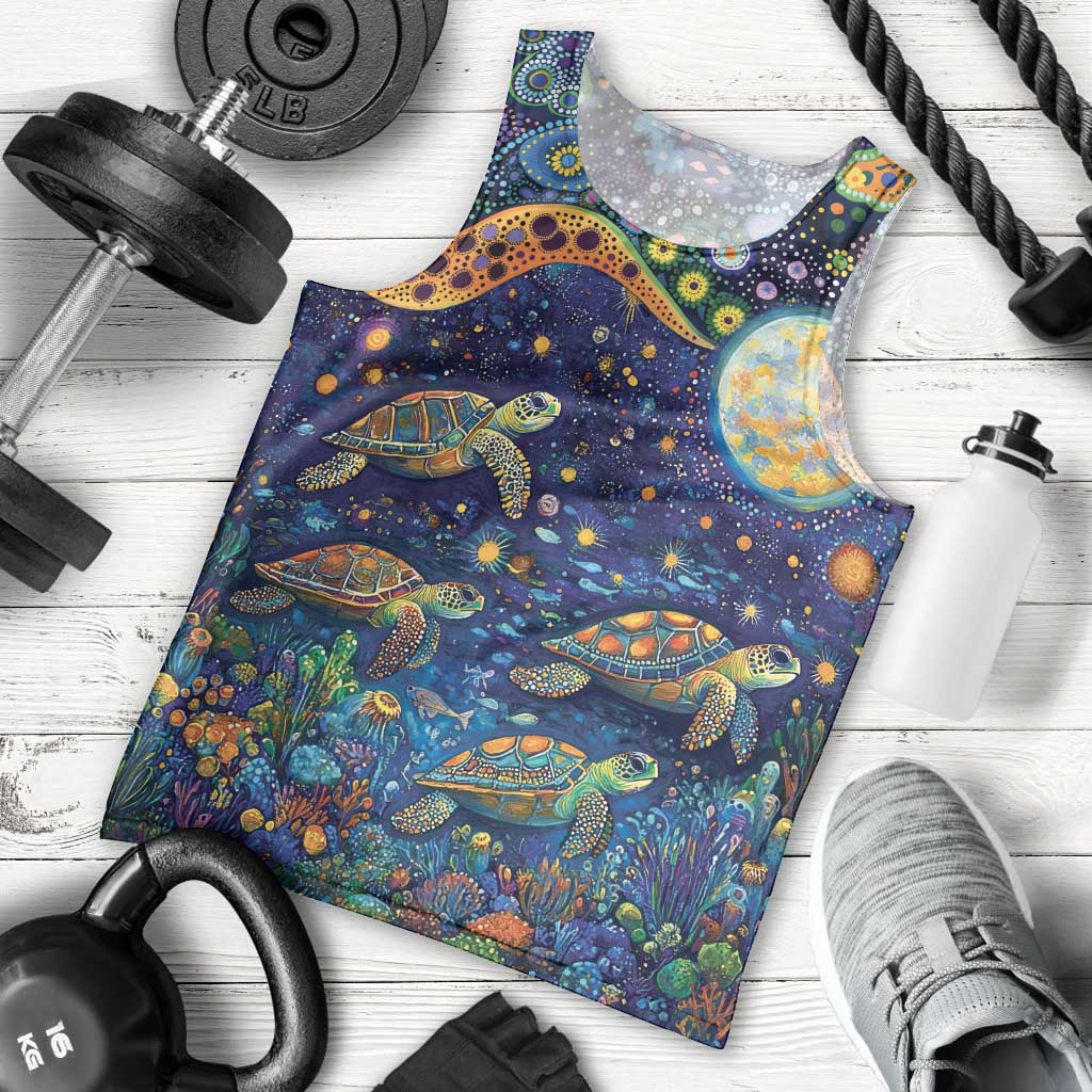 Underwater Turtles Starry Night Sky Men Tank Top Aboriginal Dot Painting Full Moon Coral Landscape