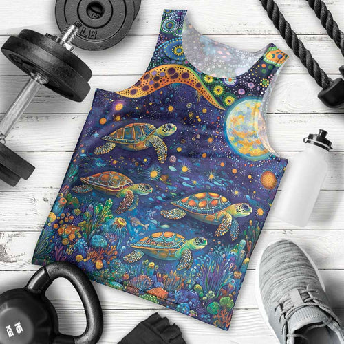 Underwater Turtles Starry Night Sky Men Tank Top Aboriginal Dot Painting Full Moon Coral Landscape