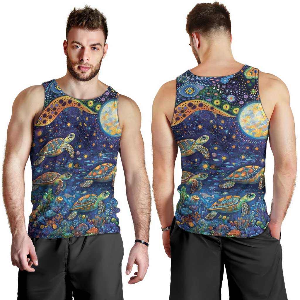 Underwater Turtles Starry Night Sky Men Tank Top Aboriginal Dot Painting Full Moon Coral Landscape