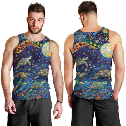 Underwater Turtles Starry Night Sky Men Tank Top Aboriginal Dot Painting Full Moon Coral Landscape