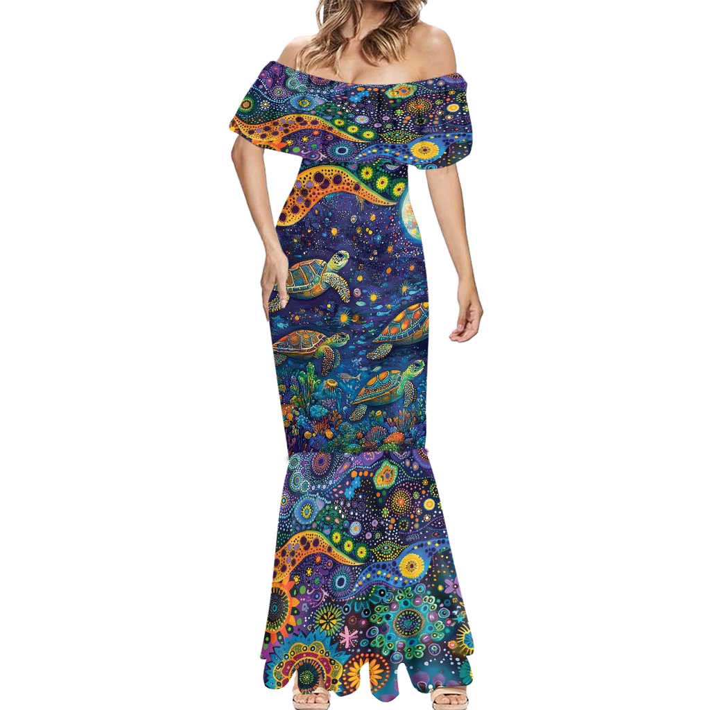 Underwater Turtles Starry Night Sky Mermaid Dress Aboriginal Dot Painting Full Moon Coral Landscape