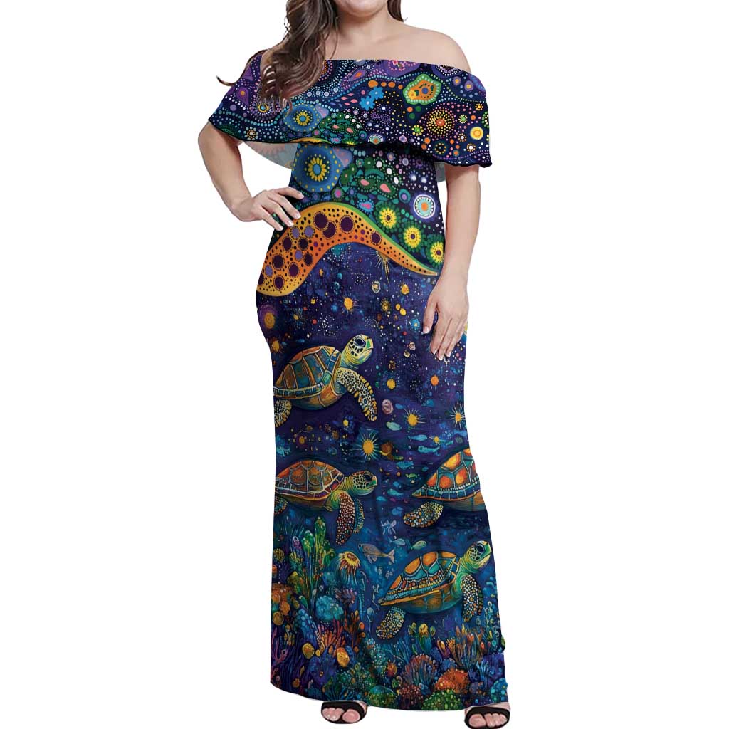 Underwater Turtles Starry Night Sky Off Shoulder Maxi Dress Aboriginal Dot Painting Full Moon Coral Landscape