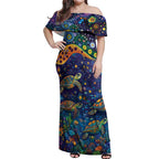 Underwater Turtles Starry Night Sky Off Shoulder Maxi Dress Aboriginal Dot Painting Full Moon Coral Landscape